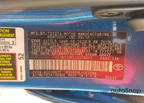 2018 Toyota Camry Se z USA, uszkodzony, nr VIN 4T1B11HK2JU020595